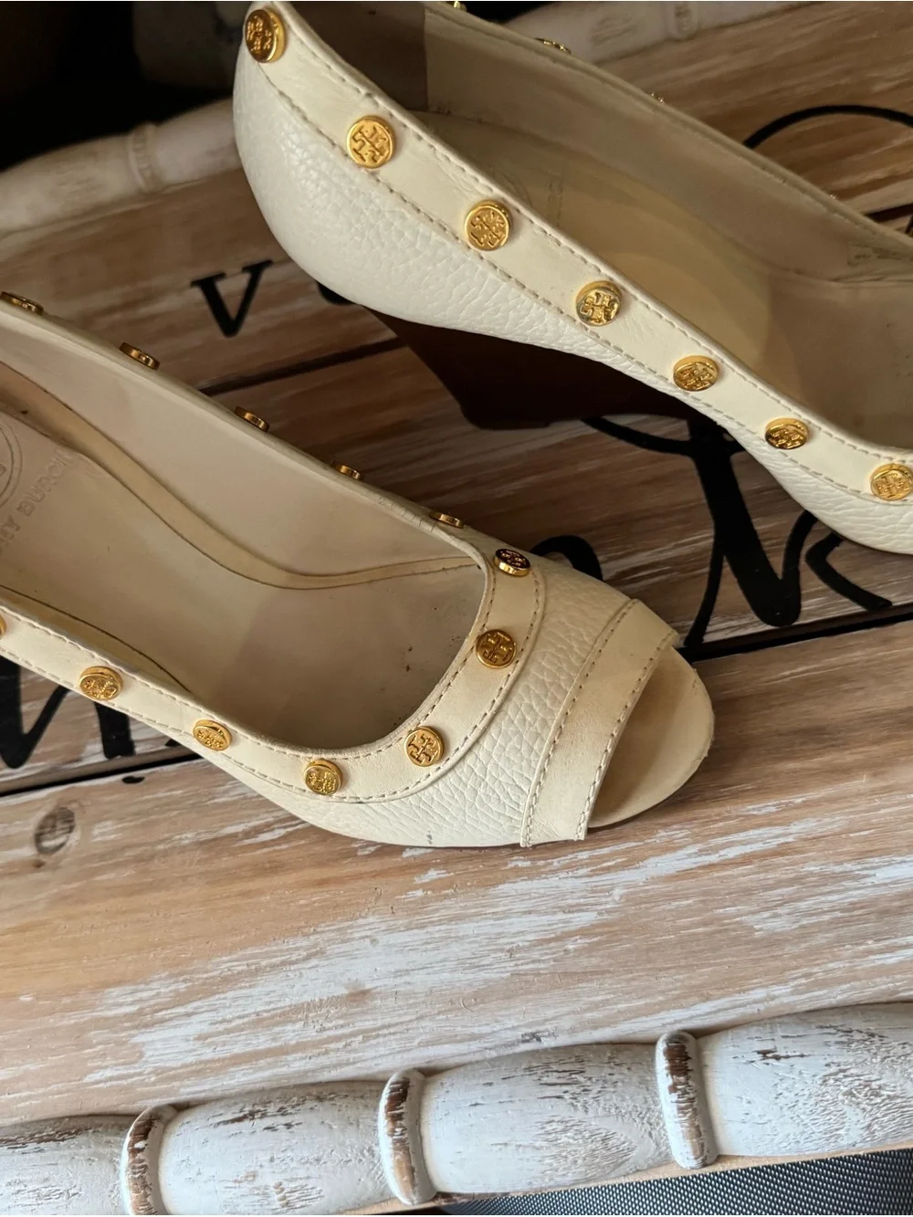 Tory Burch White Leather Peep-Toe Wedges with Gold Studs